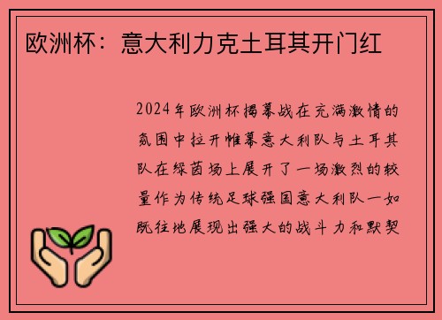 欧洲杯：意大利力克土耳其开门红