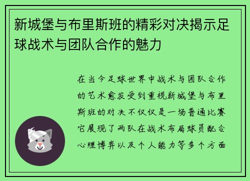 新城堡与布里斯班的精彩对决揭示足球战术与团队合作的魅力