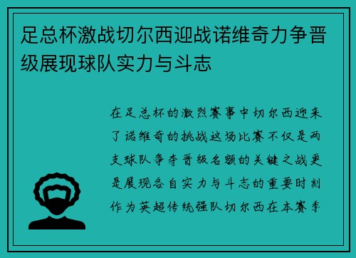 足总杯激战切尔西迎战诺维奇力争晋级展现球队实力与斗志