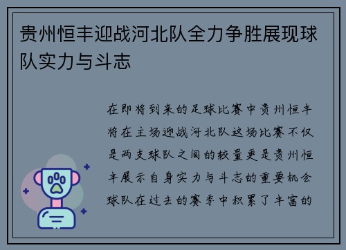 贵州恒丰迎战河北队全力争胜展现球队实力与斗志