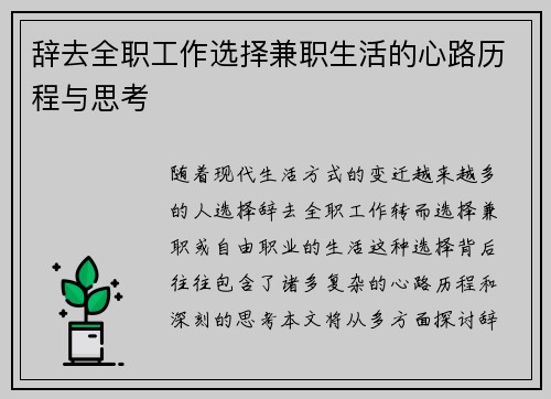 辞去全职工作选择兼职生活的心路历程与思考
