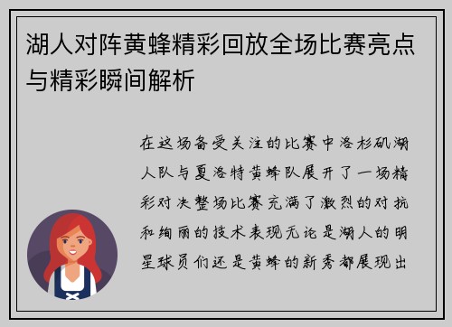湖人对阵黄蜂精彩回放全场比赛亮点与精彩瞬间解析