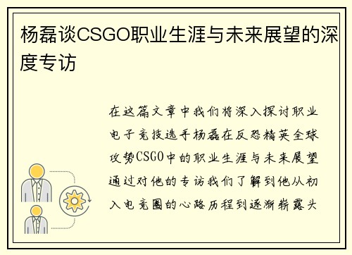 杨磊谈CSGO职业生涯与未来展望的深度专访