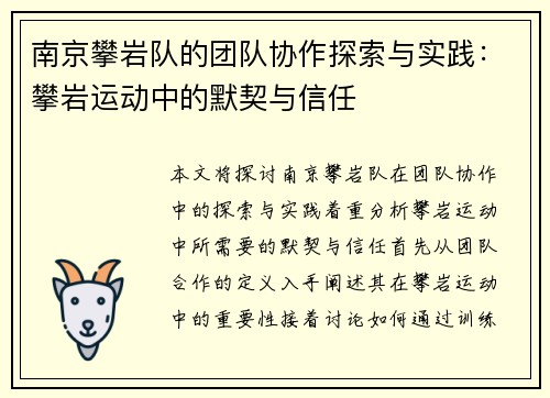 南京攀岩队的团队协作探索与实践：攀岩运动中的默契与信任