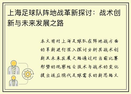 上海足球队阵地战革新探讨：战术创新与未来发展之路