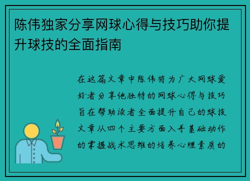 陈伟独家分享网球心得与技巧助你提升球技的全面指南